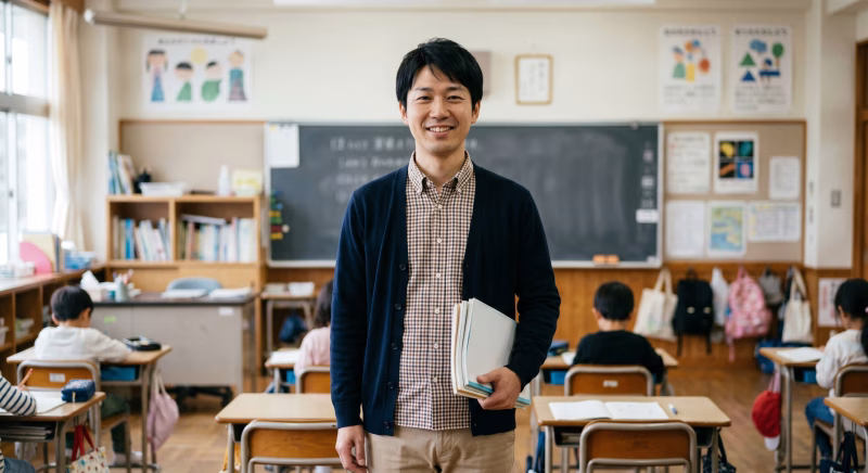 教室に立つ小学校教員の男性
