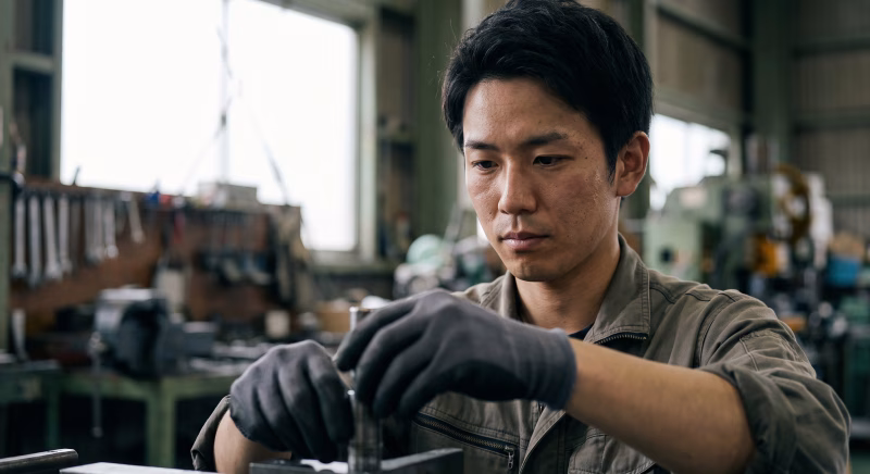製造業の工場で金属加工の確認作業をする若い男性エンジニア