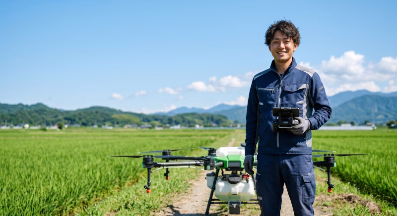 農業用ドローンを操作する男性