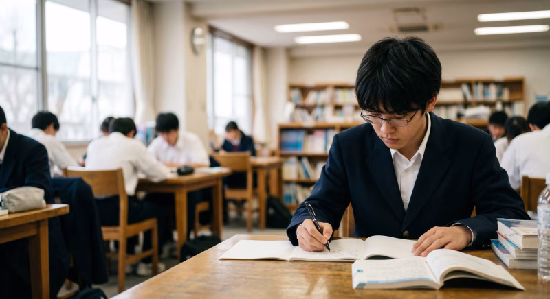 学校の図書室で自習をする男子高校生
