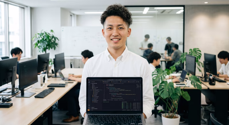 プログラミング画面を見せるITエンジニアの男性