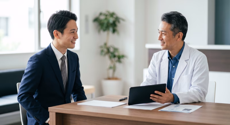 医師と打ち合わせをするMR営業の男性