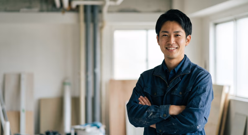 腕組みをする配管工・作業員の男性