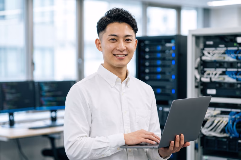 ノートPCを手に持つサーバーエンジニアの男性