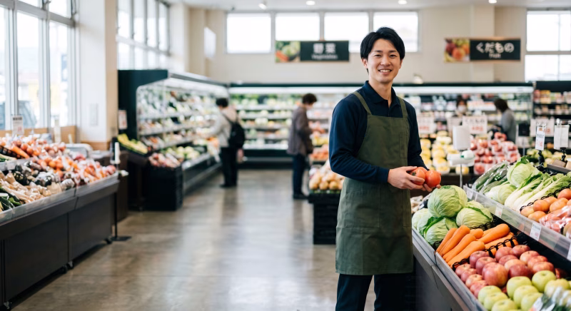スーパーの野菜売り場に立つ男性店員