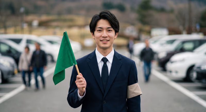旗を持つ添乗員・ツアーコンダクダーの男性
