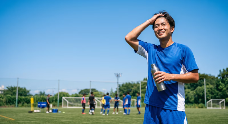 サッカーグラウンドでボトルを持ち水分補給をして休憩する男性