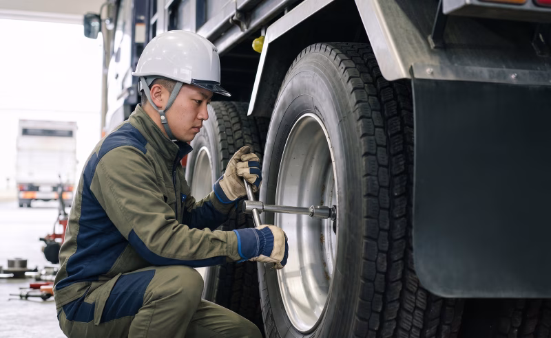 トラックのタイヤ整備をする整備士
