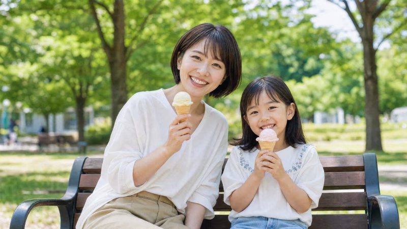 公園でアイスを食べる親子