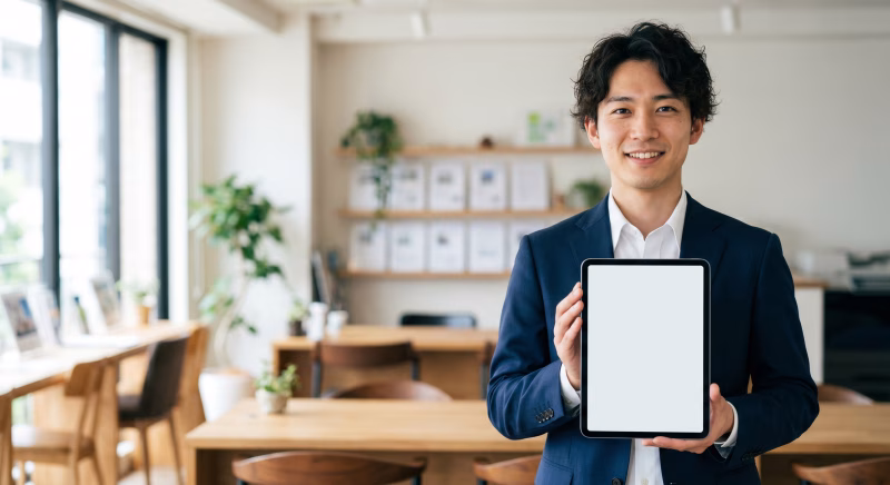 タブレットで間取りの案内をする不動産営業の男性