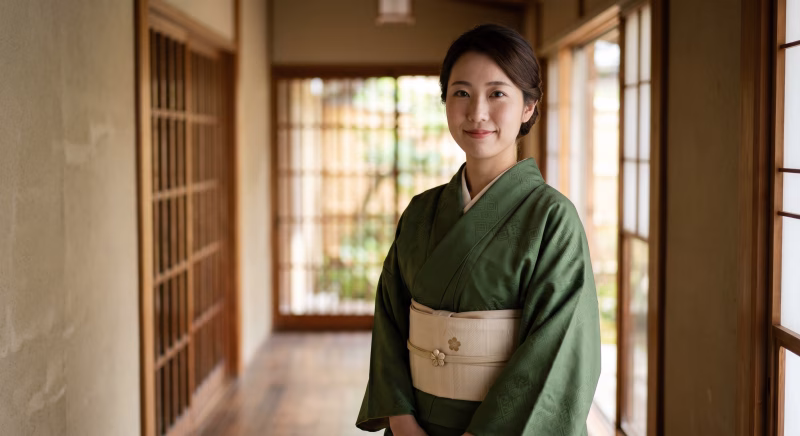 日本の旅館の廊下で微笑む着物姿の女性スタッフのポートレート
