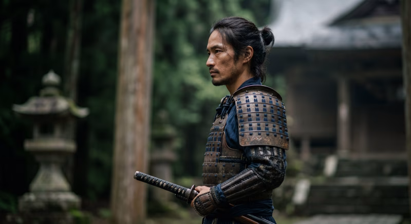 寺の境内で鎧を身に着けた武士・侍