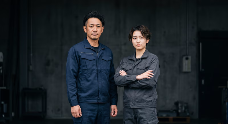 製造業や建設業の現場で真剣な表情で並んで立つ男女の作業員