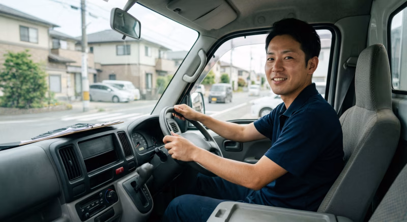 トラックを運転する笑顔の配送ドライバーの男性