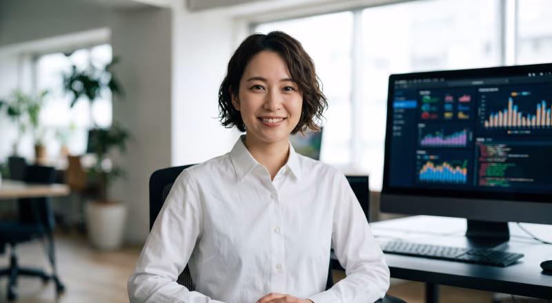 笑顔の女性データアナリスト オフィスでのパソコン作業