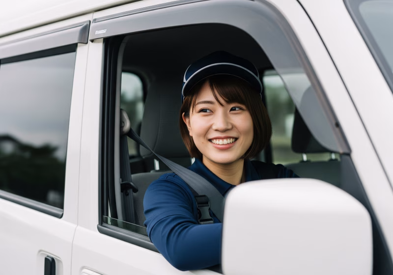 運転席から笑顔を見せる女性ドライバー