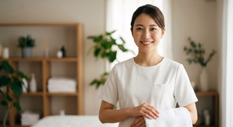 エステサロンでタオルを持つ笑顔の女性セラピスト