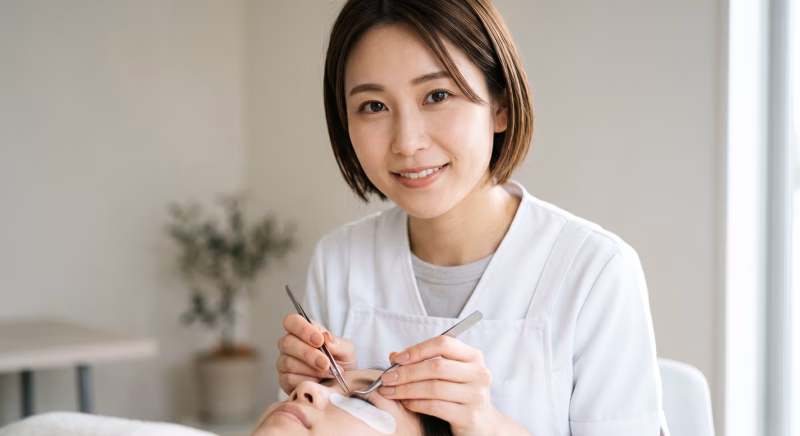 まつ毛サロンで施術を行う笑顔の女性アイリスト