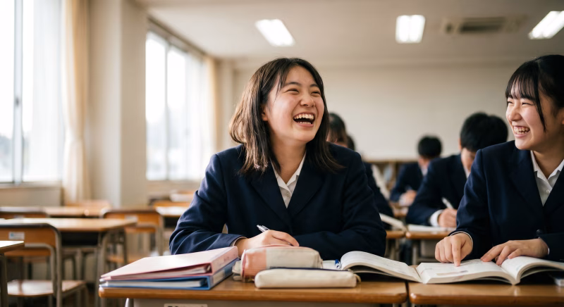 教室で笑顔で勉強する女子高生