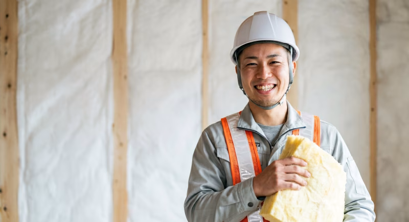 断熱工事を施工する笑顔の男性作業員