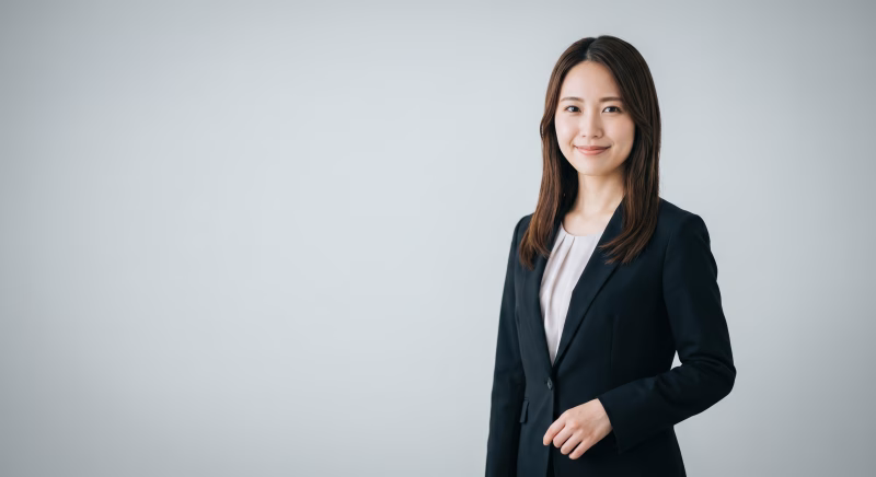 スーツを着て立つ笑顔の女性
