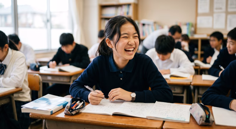 教室で勉強をする笑顔の女子中学生