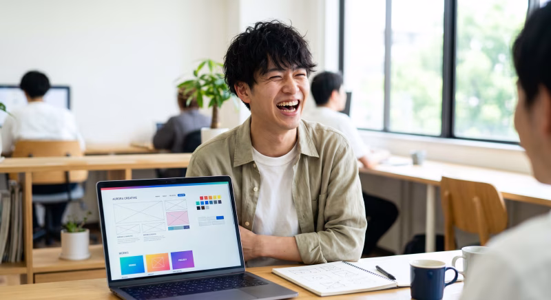 笑顔で打合せをするデザイナーの男性