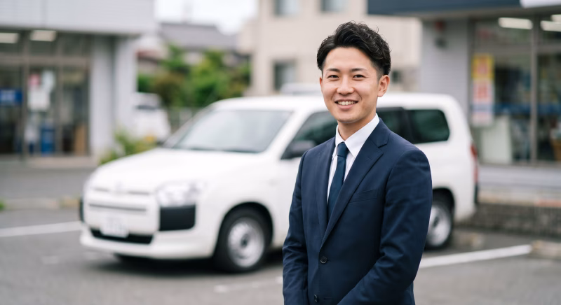 営業車の前で笑顔で立つスーツ姿の若い男性