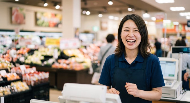 スーパーのレジに立つ笑顔の女性