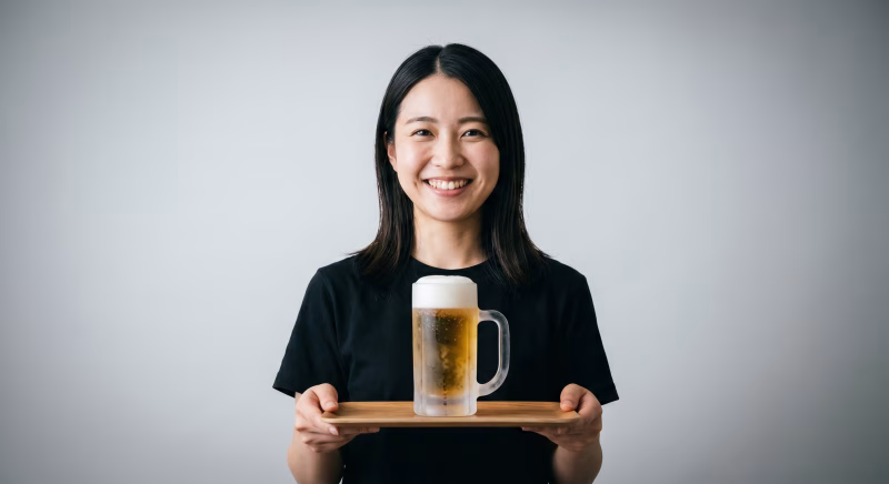 ビールをお盆に乗せて笑顔で立っている女性