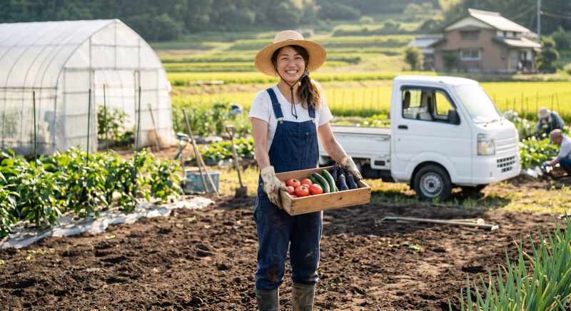畑でトマトやナスなどの夏野菜を収穫する笑顔の若い女性