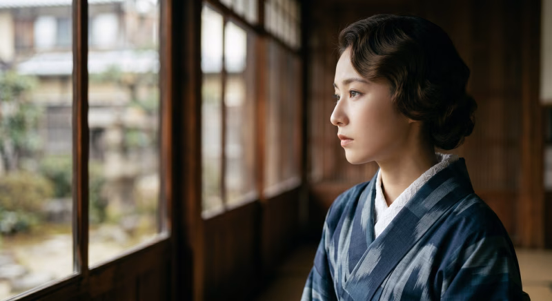 大正ロマン風の髪型と着物で窓の外を眺める日本人女性