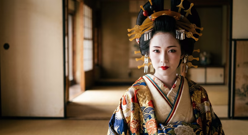 伝統的な花魁風の着物を着た女性