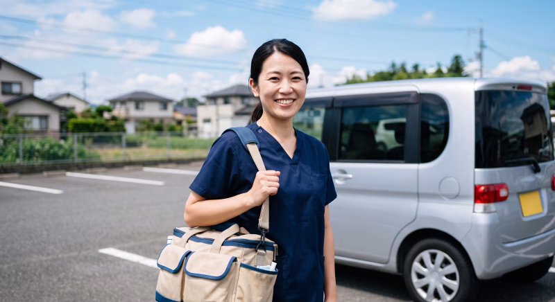 訪問看護や訪問介護に向かう女性スタッフのイメージ