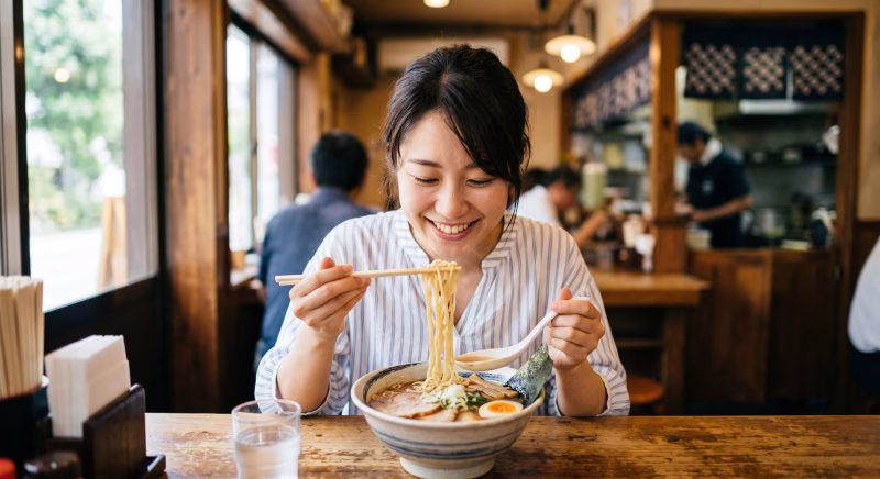 ラーメンを食べる女性