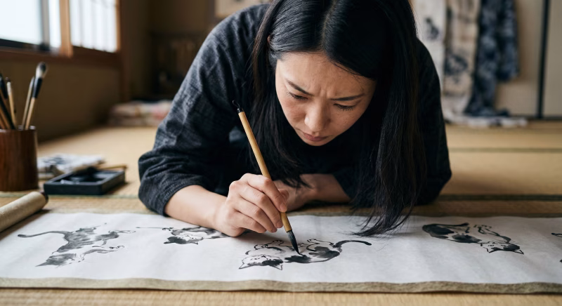 水墨画で猫を描く女性