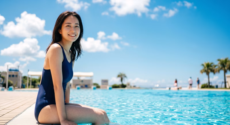 リゾートのプールサイドでリラックスする水着の女性