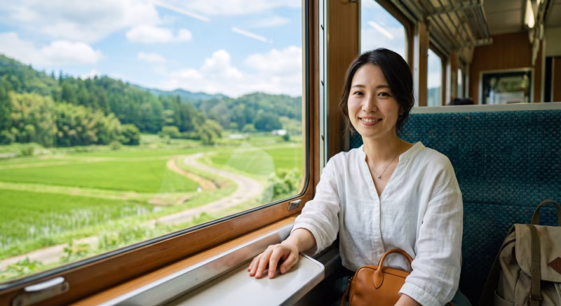 電車で旅行をする女性