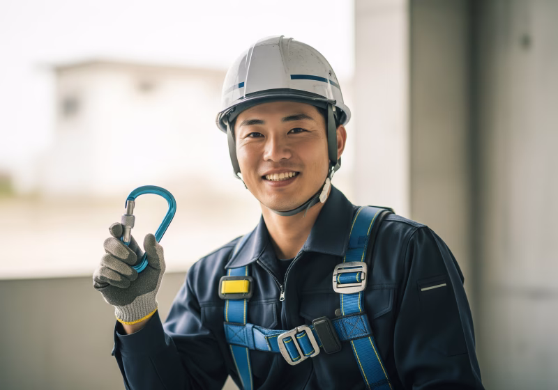 手にカラビナを持ちフルハーネスを着用した作業員