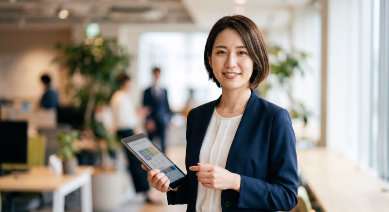 タブレット端末を持つスーツ姿の若い女性