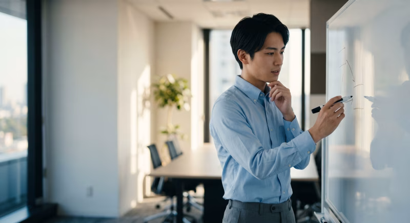 ホワイトボードでアイデアを整理する若手社員