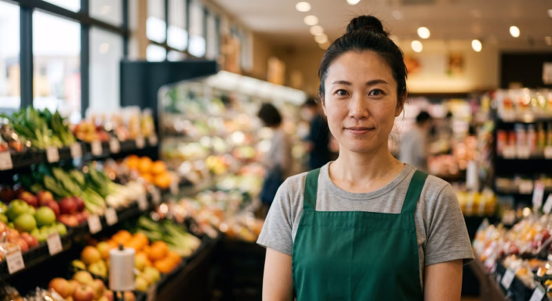 スーパーの売り場に立つ若い女性店員
