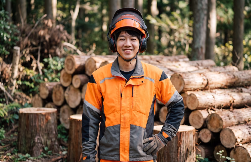 林業で働く若い男性作業員