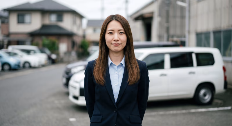 社用車を背景に立つ外回りの営業職の若い女性
