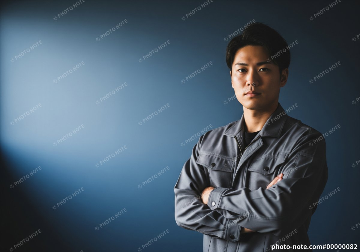 腕組みをして正面を見据える男性作業員