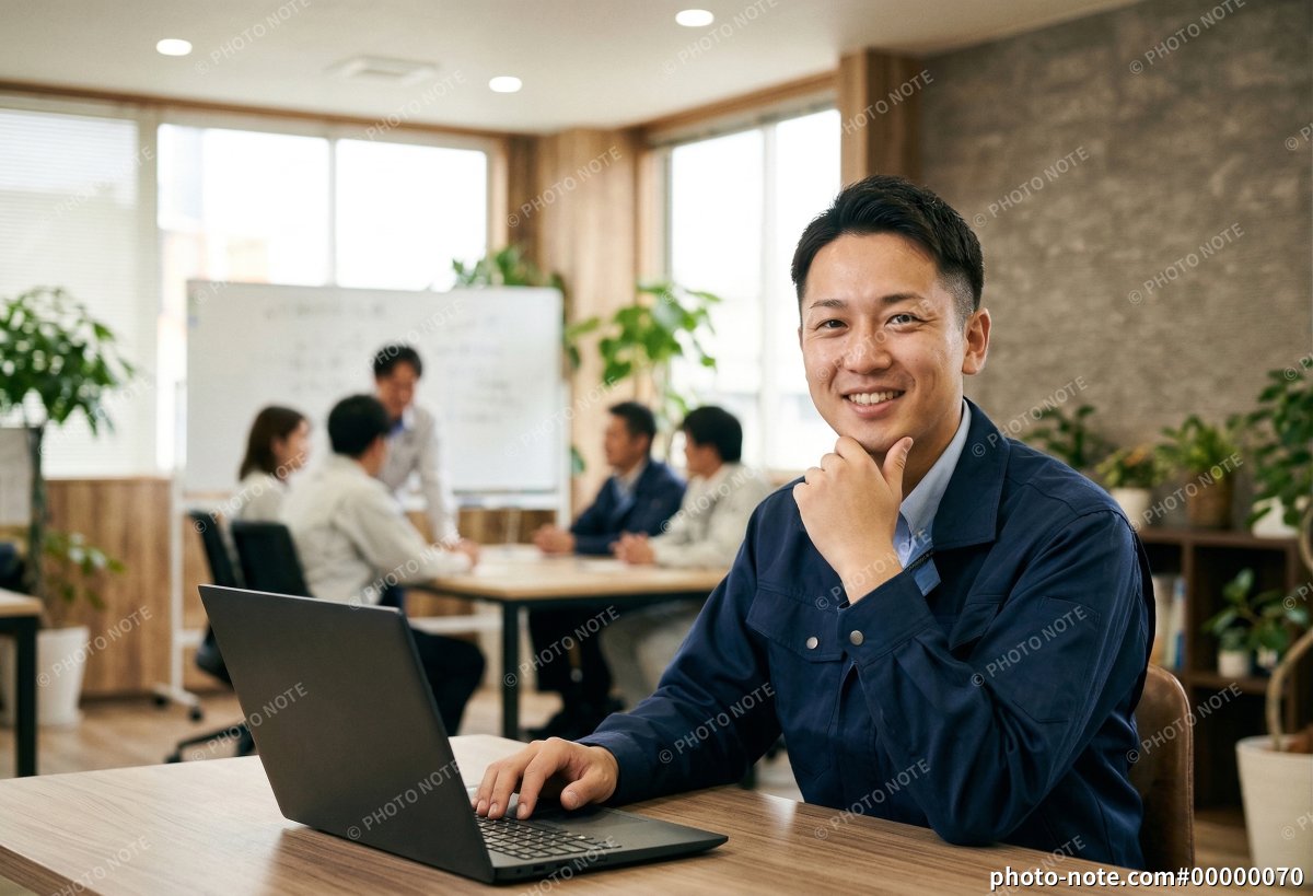 オフィスで仕事をする施工管理の男性