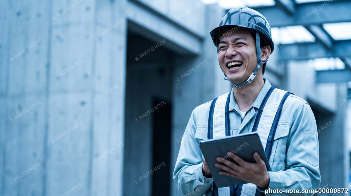建設現場でタブレットを持って笑顔を見せる若手施工管理の男性