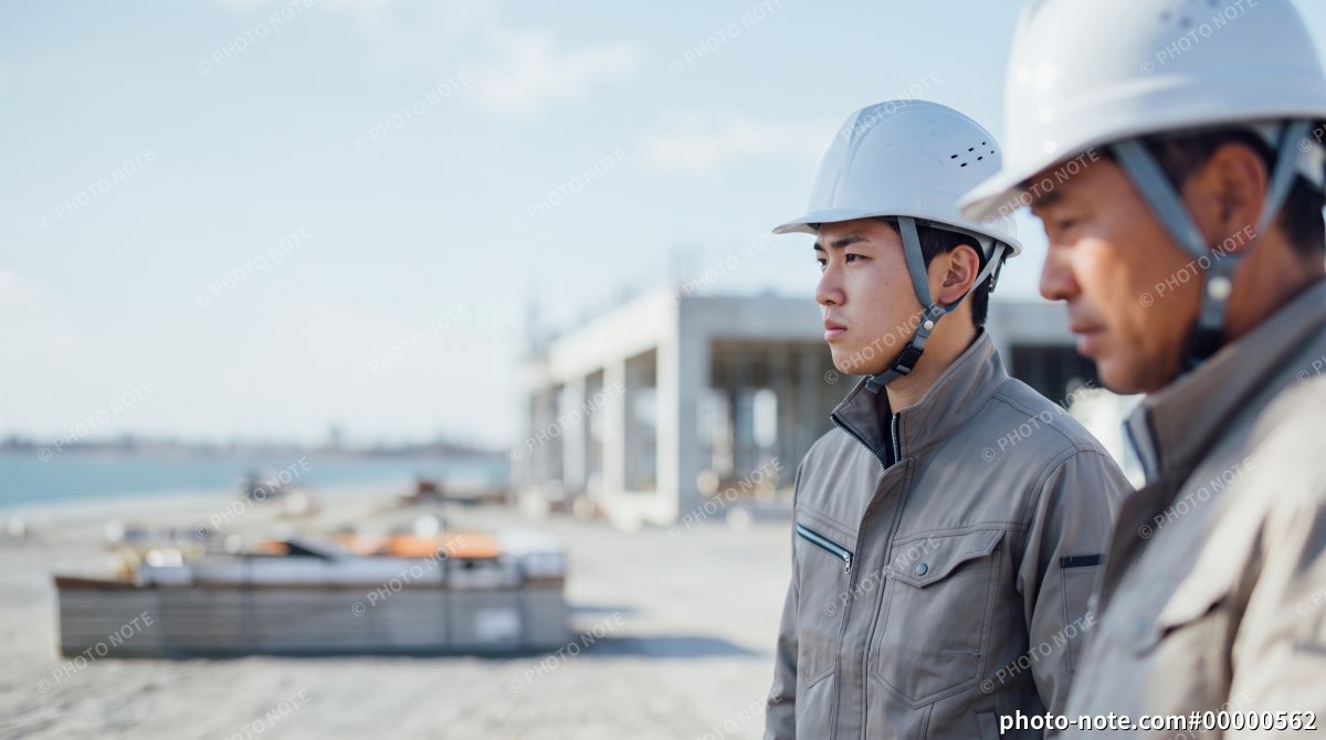 建築現場で真剣な表情を見せるヘルメット姿の現場監督