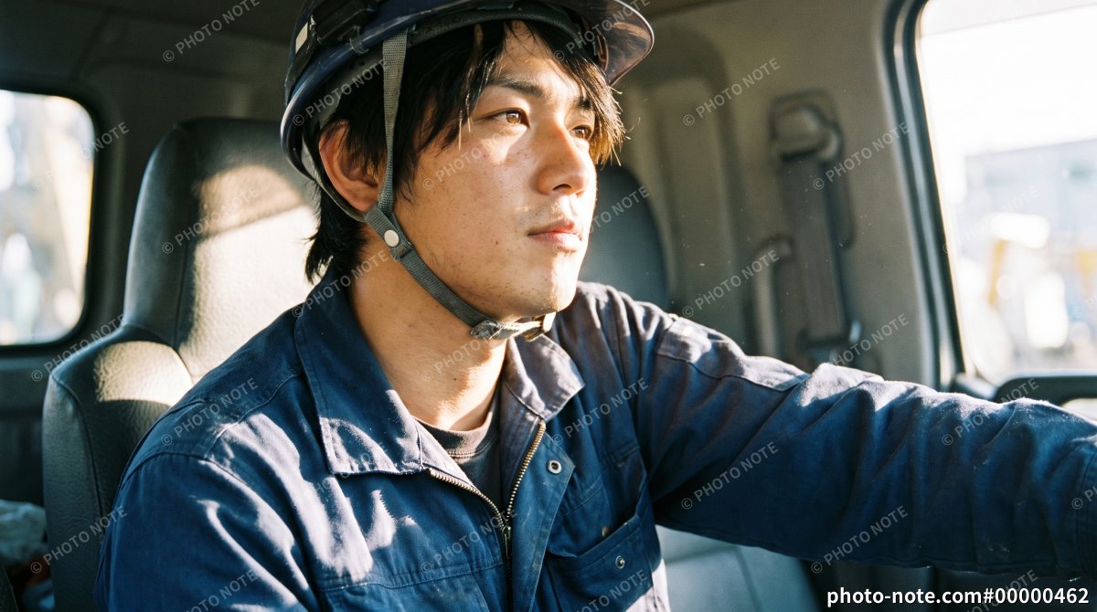 建設現場でトラックを運転する若い男性作業員