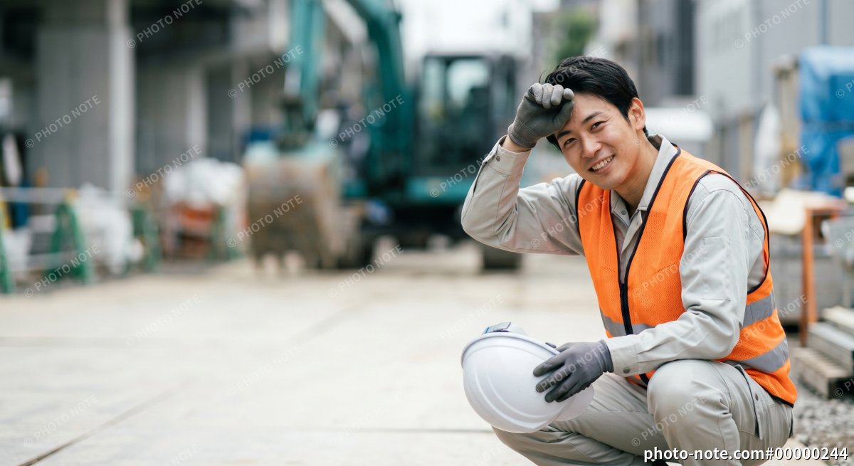 休憩時間にヘルメットを持ちしゃがんで汗を拭う建設現場の男性作業員